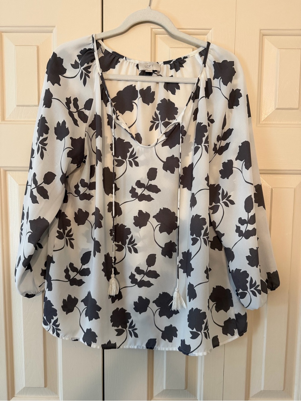 LOFT Black and White Floral Tie-Front Peasant Blouse